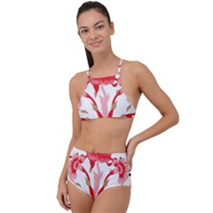 A Design Of A Red Flower On A White Background Halter Tankini Set