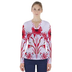 A Design Of A Red Flower On A White Background V-neck Long Sleeve Top