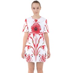 A Design Of A Red Flower On A White Background Sixties Short Sleeve Mini Dress