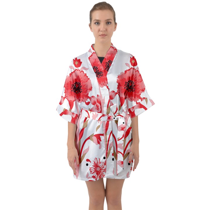 A Design Of A Red Flower On A White Background Half Sleeve Satin Kimono 