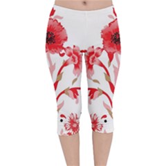 A Design Of A Red Flower On A White Background Velvet Capri Leggings 