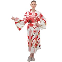 A Design Of A Red Flower On A White Background Maxi Velvet Kimono