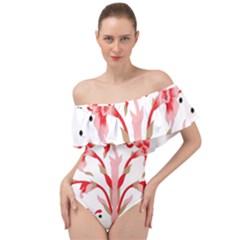 A Design Of A Red Flower On A White Background Off Shoulder Velour Bodysuit 