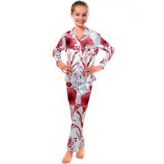 A Design Of A Red Flower On A White Background Kids  Satin Long Sleeve Pajamas Set