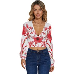 A Design Of A Red Flower On A White Background Long Sleeve Deep-v Velour Top