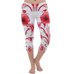 A Design Of A Red Flower On A White Background Capri Yoga Leggings