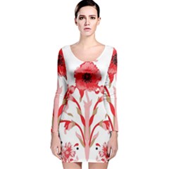 A Design Of A Red Flower On A White Background Long Sleeve Velvet Bodycon Dress