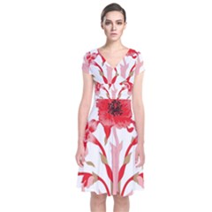 A Design Of A Red Flower On A White Background Short Sleeve Front Wrap Dress