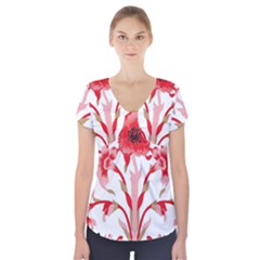 A Design Of A Red Flower On A White Background Short Sleeve Front Detail Top