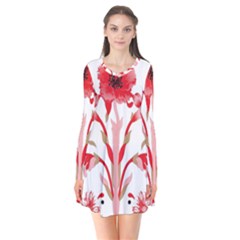 A Design Of A Red Flower On A White Background Long Sleeve V-neck Flare Dress