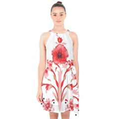 A Design Of A Red Flower On A White Background Halter Collar Waist Tie Chiffon Dress