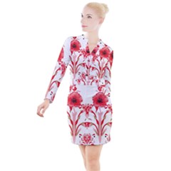 A Design Of A Red Flower On A White Background Button Long Sleeve Dress