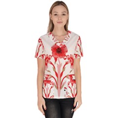 A Design Of A Red Flower On A White Background Women s V-neck Scrub Top