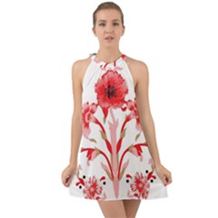 A Design Of A Red Flower On A White Background Halter Tie Back Chiffon Dress