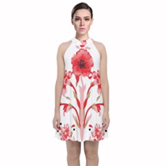 A Design Of A Red Flower On A White Background Velvet Halter Neckline Dress 