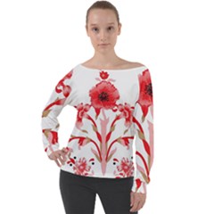 A Design Of A Red Flower On A White Background Off Shoulder Long Sleeve Velour Top