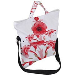 A Design Of A Red Flower On A White Background Fold Over Handle Tote Bag