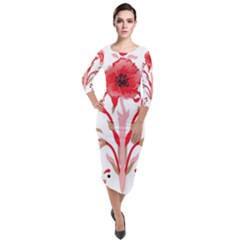 A Design Of A Red Flower On A White Background Quarter Sleeve Midi Velour Bodycon Dress