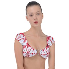 A Design Of A Red Flower On A White Background Cap Sleeve Ring Bikini Top