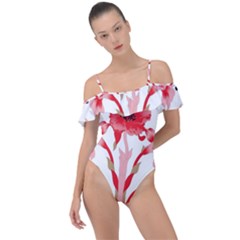 A Design Of A Red Flower On A White Background Frill Detail One Piece Swimsuit