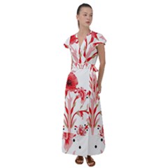 A Design Of A Red Flower On A White Background Flutter Sleeve Maxi Dress