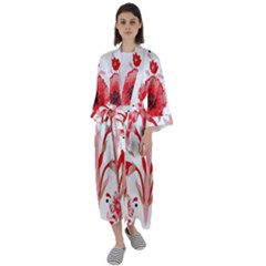 A Design Of A Red Flower On A White Background Maxi Satin Kimono