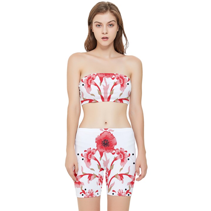 A Design Of A Red Flower On A White Background Stretch Shorts and Tube Top Set