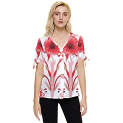 A Design Of A Red Flower On A White Background Bow Sleeve Button Up Top