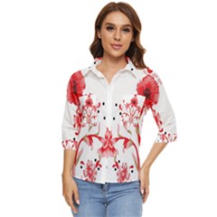 A Design Of A Red Flower On A White Background Women s Quarter Sleeve Pocket Shirt