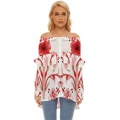 A Design Of A Red Flower On A White Background Off Shoulder Chiffon Pocket Shirt