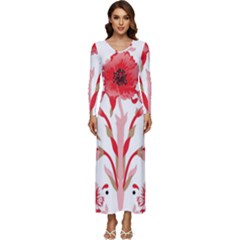 A Design Of A Red Flower On A White Background Long Sleeve Longline Maxi Dress