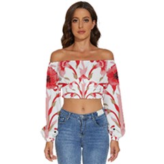 A Design Of A Red Flower On A White Background Long Sleeve Crinkled Weave Crop Top