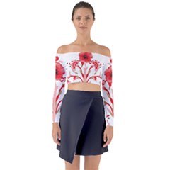 A Design Of A Red Flower On A White Background Long Sleeve Off Shoulder Crop Top