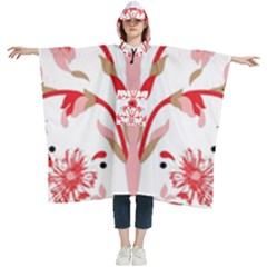 A Design Of A Red Flower On A White Background Women s Hooded Rain Ponchos