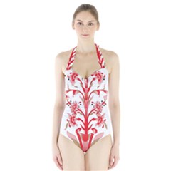 A Design Of A Red Flower On A White Background Halter Swimsuit