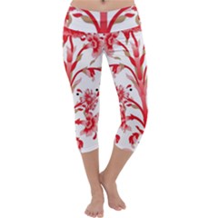 A Design Of A Red Flower On A White Background Capri Yoga Leggings