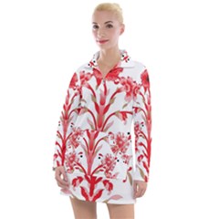 A Design Of A Red Flower On A White Background Women s Long Sleeve Casual Dress