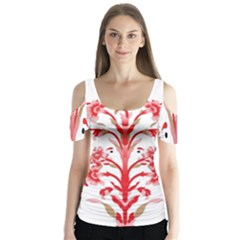 A Design Of A Red Flower On A White Background Butterfly Sleeve Cutout T-shirt 