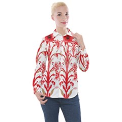 A Design Of A Red Flower On A White Background Women s Long Sleeve Pocket Shirt