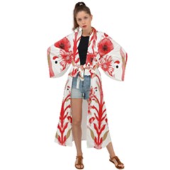 A Design Of A Red Flower On A White Background Maxi Kimono