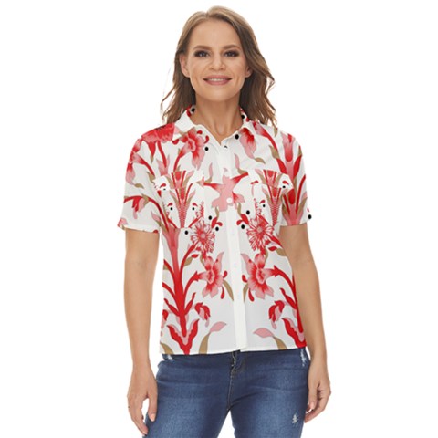 A Design Of A Red Flower On A White Background Women s Short Sleeve Double Pocket Shirt by catchydesignhill