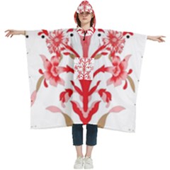 A Design Of A Red Flower On A White Background Women s Hooded Rain Ponchos