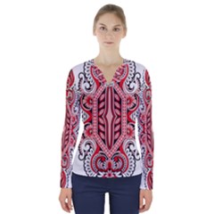 A Design Of A Red And White Pattern V-neck Long Sleeve Top