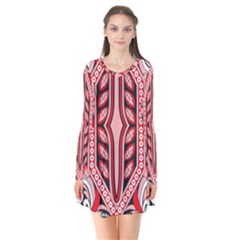 A Design Of A Red And White Pattern Long Sleeve V-neck Flare Dress