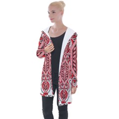 A Design Of A Red And White Pattern Longline Hooded Cardigan