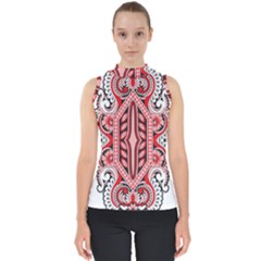 A Design Of A Red And White Pattern Mock Neck Shell Top