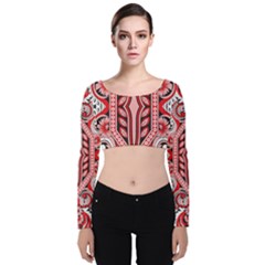 A Design Of A Red And White Pattern Velvet Long Sleeve Crop Top