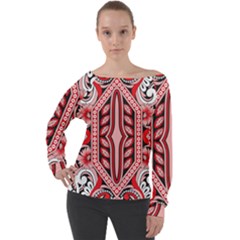 A Design Of A Red And White Pattern Off Shoulder Long Sleeve Velour Top