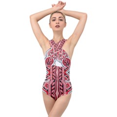 A Design Of A Red And White Pattern Cross Front Low Back Swimsuit