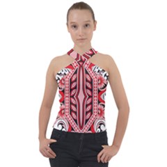 A Design Of A Red And White Pattern Cross Neck Velour Top